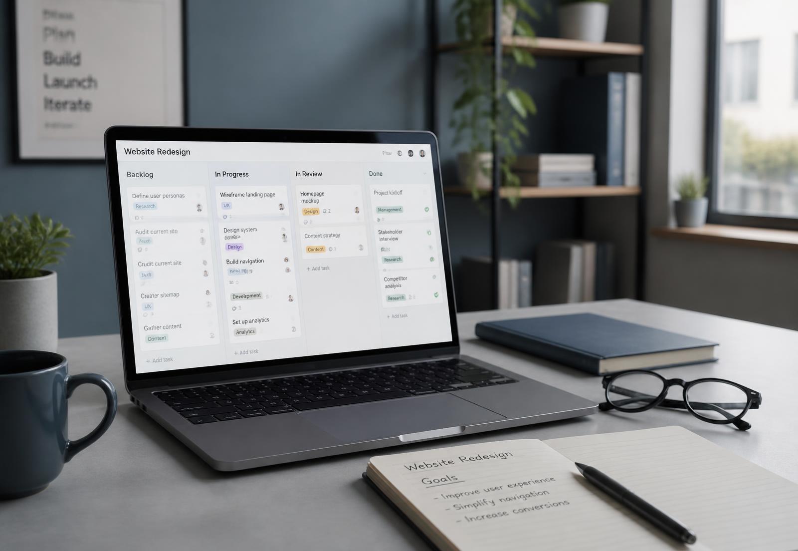 A project manager's desk with a laptop showing a kanban board, notebook and glasses